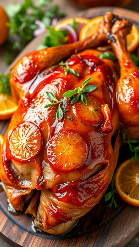A roasted duck with orange glaze on a wooden platter, garnished with herbs and orange slices.
